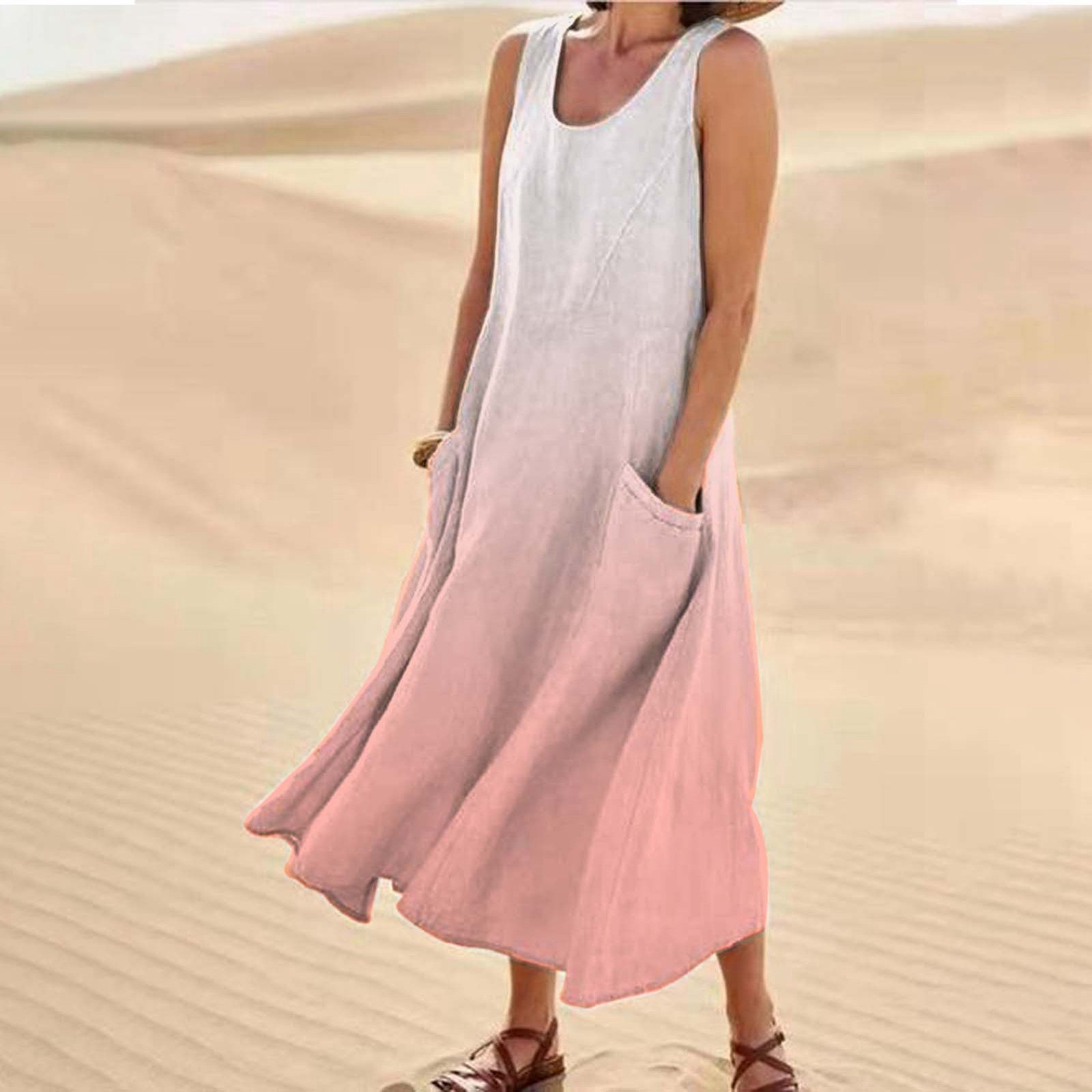 thumbnail image 2 of Vestido largo informal de verano con cuello redondo y estampado degradado para mujer, 2 of 6